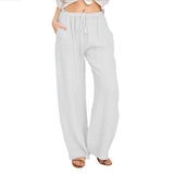 Chouyatou Women Solid Color Loose Cotton Linen Lace-Up Wide-Leg Pants