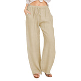 Chouyatou Women Solid Color Loose Cotton Linen Lace-Up Wide-Leg Pants