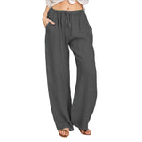 Chouyatou Women Solid Color Loose Cotton Linen Lace-Up Wide-Leg Pants