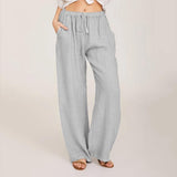 Chouyatou Women Solid Color Loose Cotton Linen Lace-Up Wide-Leg Pants