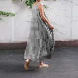 Chouyatou Women Casual Loose-Fit Cotton and Linen Plaid Tank Maxi Dress with Pockets