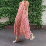 Chouyatou Women Casual Loose-Fit Cotton and Linen Plaid Tank Maxi Dress with Pockets