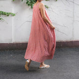 Chouyatou Women Casual Loose-Fit Cotton and Linen Plaid Tank Maxi Dress with Pockets