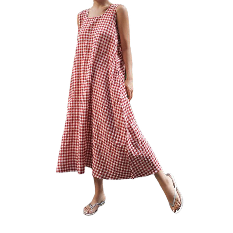 Chouyatou Women Casual Loose-Fit Cotton and Linen Plaid Tank Maxi Dress with Pockets