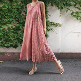 Chouyatou Women Casual Loose-Fit Cotton and Linen Plaid Tank Maxi Dress with Pockets