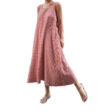 Chouyatou Women Casual Loose-Fit Cotton and Linen Plaid Tank Maxi Dress with Pockets