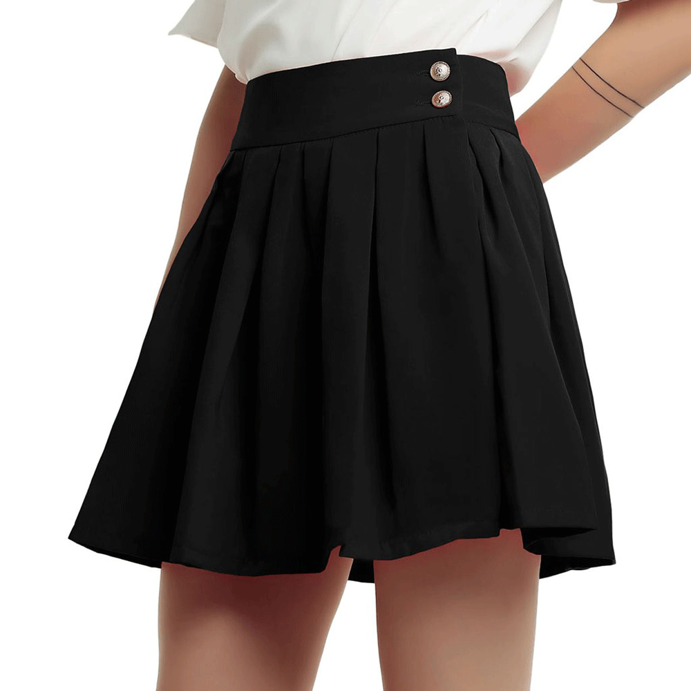 Chouyatou Women's Double Waist Side Buttons Pleated Skirt - CHOUYATOU