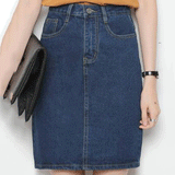 Chouyatou Women's Baisc Five-Pocket Stretchy Denim Skirt with Slit - CHOUYATOU