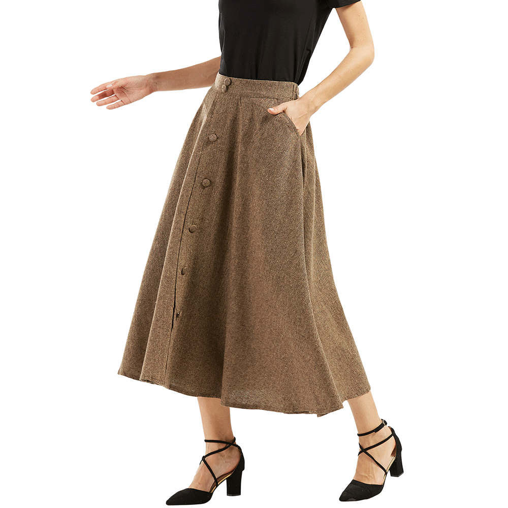 Chouyatou Women Vintage High Waist Front Button Long Skirt with Pockets