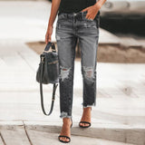 Chouyatou Womens Slim Fit Mid Waist Straight Leg Ripped Distressed Holes Classic Denim Patches Jeans