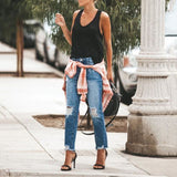 Chouyatou Womens Slim Fit Mid Waist Straight Leg Ripped Distressed Holes Classic Denim Patches Jeans